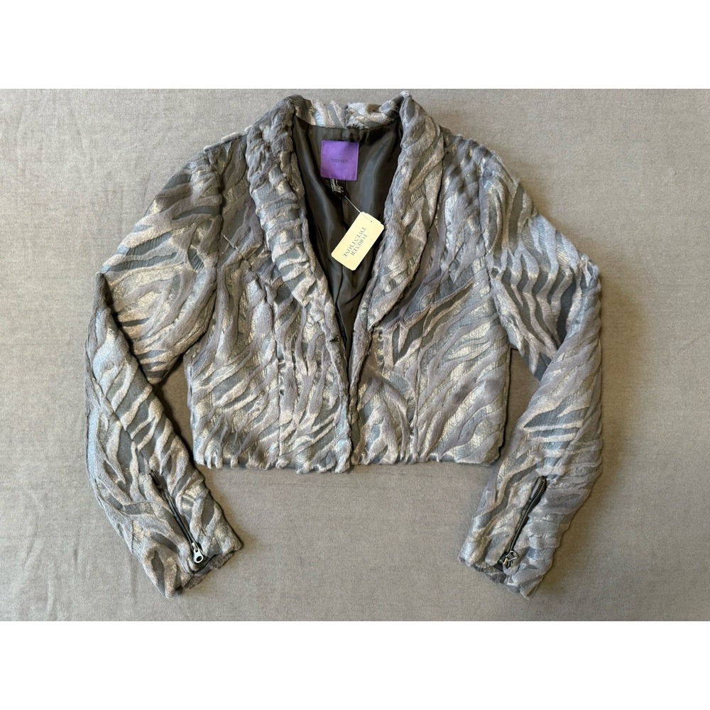 NWT Forever 21 Womens Textured Metallic Jacket Dark Gray L Zip Front Ruched